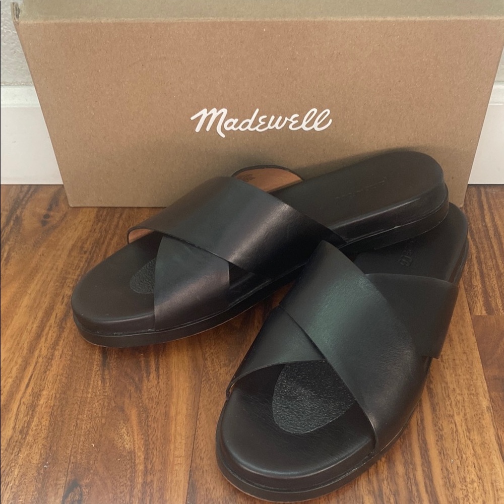 Madewell Black Leather Cross Strap Slides